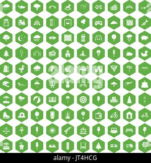 100 childrens park icons hexagon green Stock Vector