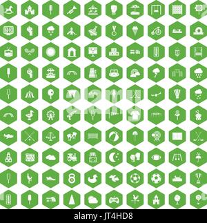 100 childrens playground icons hexagon green Stock Vector