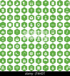 100 church icons hexagon green Stock Vector