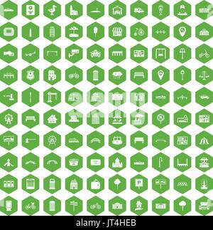 100 city icons hexagon green Stock Vector