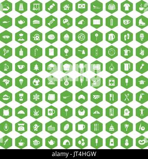 100 coffee icons hexagon green Stock Vector