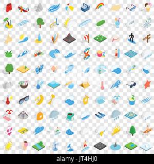 100 water icons set, isometric 3d style Stock Vector