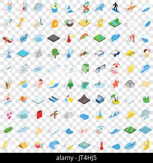 100 water recreation icons set, isometric 3d style Stock Vector