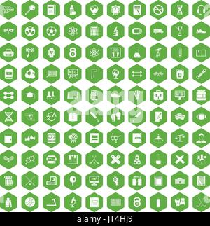 100 college icons hexagon green Stock Vector