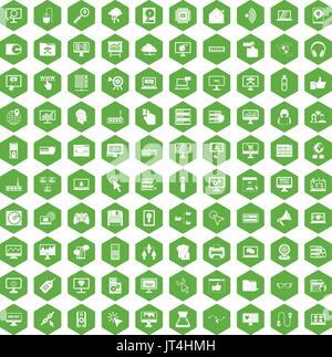 100 computer icons hexagon green Stock Vector