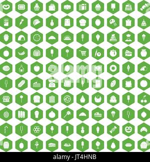 100 confectionery icons hexagon green Stock Vector