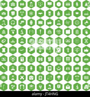 100 conference icons hexagon green Stock Vector