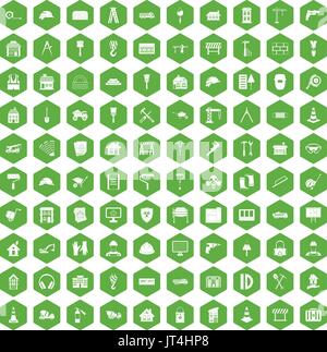 100 construction icons hexagon green Stock Vector