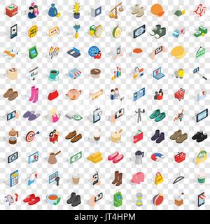 100 woman shopping icons set, isometric 3d style Stock Vector