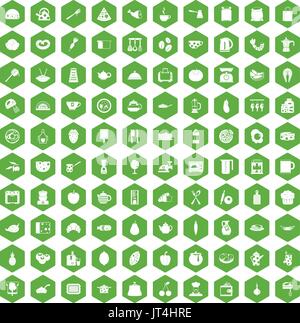 100 cooking icons hexagon green Stock Vector