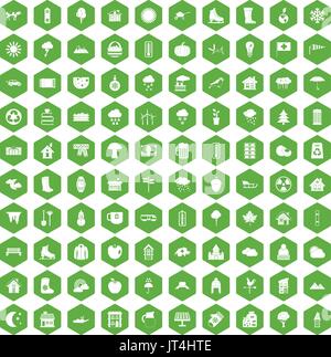 100 country house icons hexagon green Stock Vector
