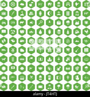 100 cow icons hexagon green Stock Vector