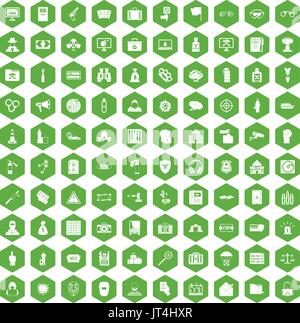100 crime icons hexagon green Stock Vector