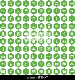 100 crime investigation icons hexagon green Stock Vector
