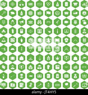 100 criminal offence icons hexagon green Stock Vector