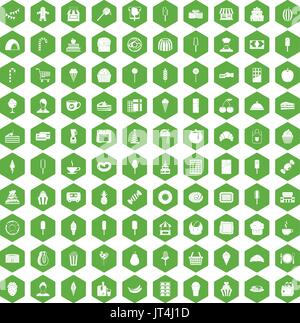 100 dessert icons hexagon green Stock Vector