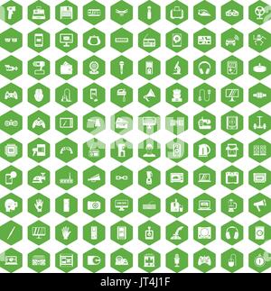 100 device app icons hexagon green Stock Vector