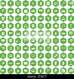 100 different gestures icons hexagon green Stock Vector