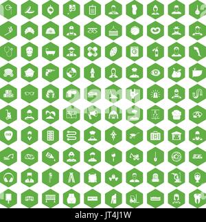 100 different professions icons hexagon green Stock Vector
