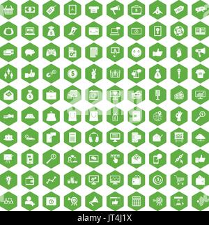 100 digital marketing icons hexagon green Stock Vector