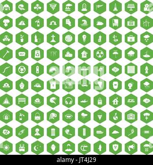 100 disaster icons hexagon green Stock Vector