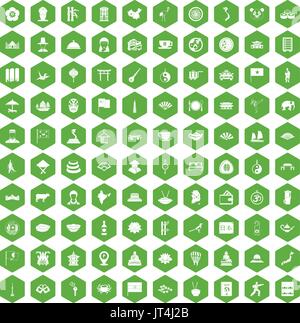 100 dish icons hexagon green Stock Vector