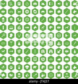 100 dog icons hexagon green Stock Vector