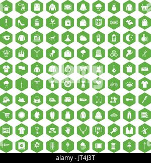 100 dress icons hexagon green Stock Vector