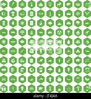 100 eco icons hexagon green Stock Vector