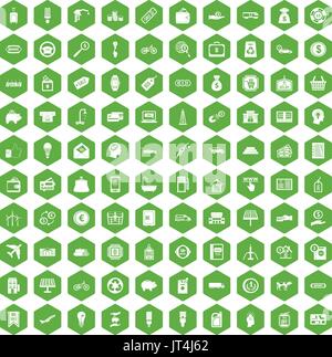 100 economy icons hexagon green Stock Vector