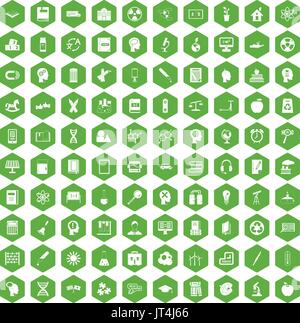 100 education icons hexagon green Stock Vector