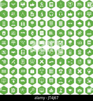 100 education technology icons hexagon green Stock Vector