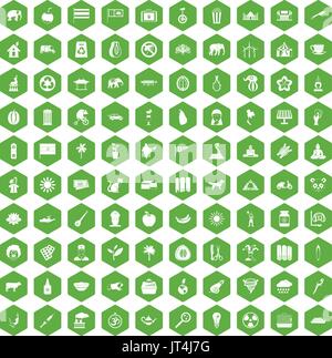 100 elephant icons hexagon green Stock Vector