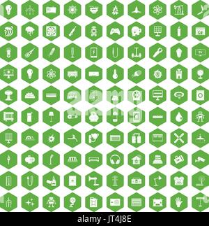 100 energy icons hexagon green Stock Vector
