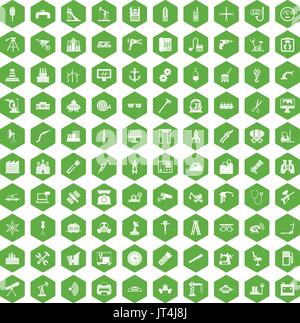 100 equipment icons hexagon green Stock Vector