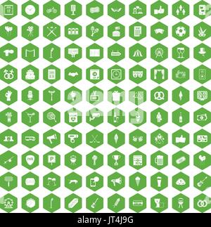 100 events icons hexagon green Stock Vector