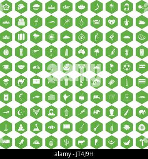 100 exotic animals icons hexagon green Stock Vector