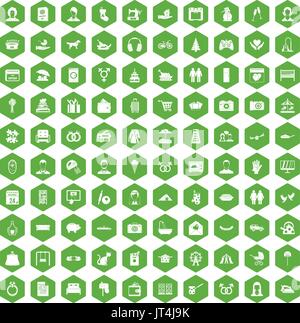 100 family icons hexagon green Stock Vector