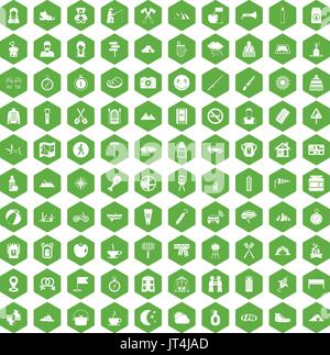 100 family camping icons hexagon green Stock Vector