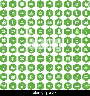 100 farm icons hexagon green Stock Vector
