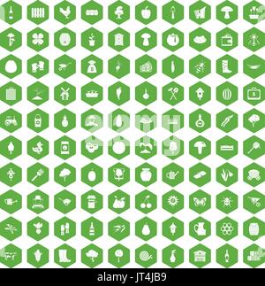 100 farming icons hexagon green Stock Vector