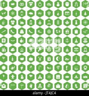 100 festive day icons hexagon green Stock Vector