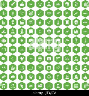 100 film icons hexagon green Stock Vector