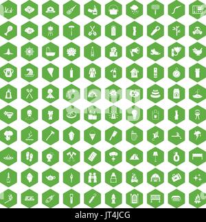 100 fire icons hexagon green Stock Vector