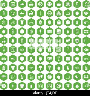 100 fitness icons hexagon green Stock Vector