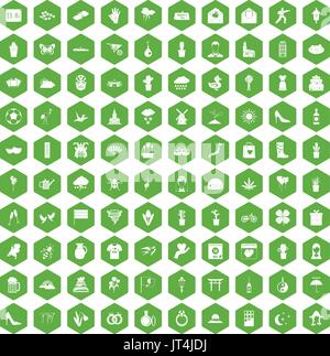 100 flowers icons hexagon green Stock Vector