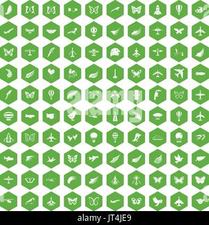 100 fly icons hexagon green Stock Vector