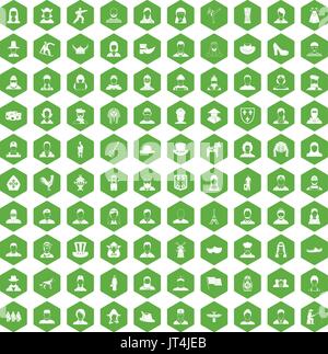 100 folk icons hexagon green Stock Vector