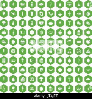 100 food icons hexagon green Stock Vector