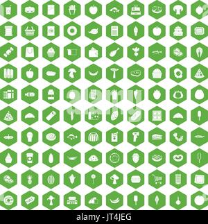 100 food shopping icons hexagon green Stock Vector